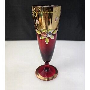 Venetian Ruby Red Wine Glass Vase Gold Gilt Enamel Floral Design Pedestal 7.25"